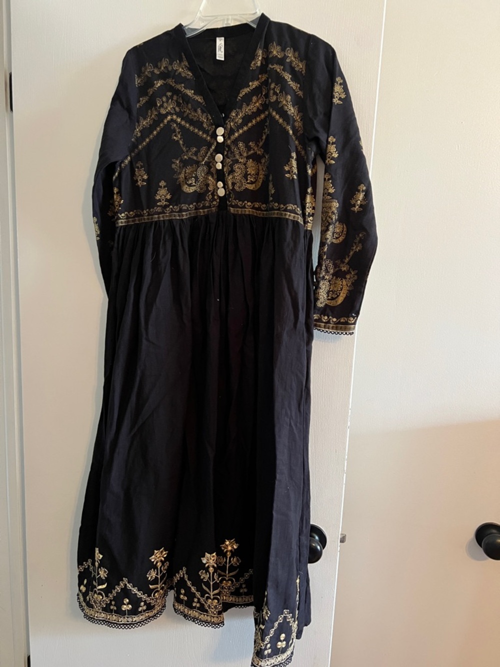 Ethnic by Outfitters Black Embroidered Button-Front Midi Dress Gold Threading